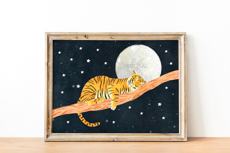 May include: A watercolor painting of a tiger sleeping on a branch with a full moon and stars in the background.