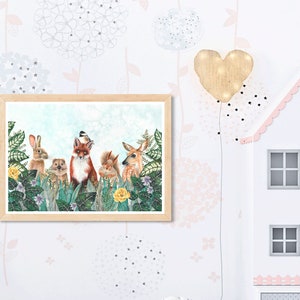 May include: A framed illustration of a fox, rabbit, squirrel, and deer standing in a forest setting. The animals are surrounded by green leaves and flowers. The background is a light blue sky.