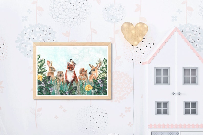 May include: A framed illustration of a fox, rabbit, squirrel, and deer standing in a forest setting. The animals are surrounded by green leaves and flowers. The background is a light blue sky.