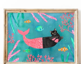 Funny cat poster, Black cat wall art, Mermaid nursery, Marine painting, Girls bedroom decor, Purrmaid, Arts for pets, Gift for her