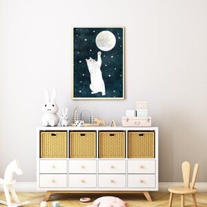 Cat and moon print, White cat painting, Kitten wall art, Animal illustration, Pet portrait, Moon artwork, Celestial wall decor, Kids poster image 7