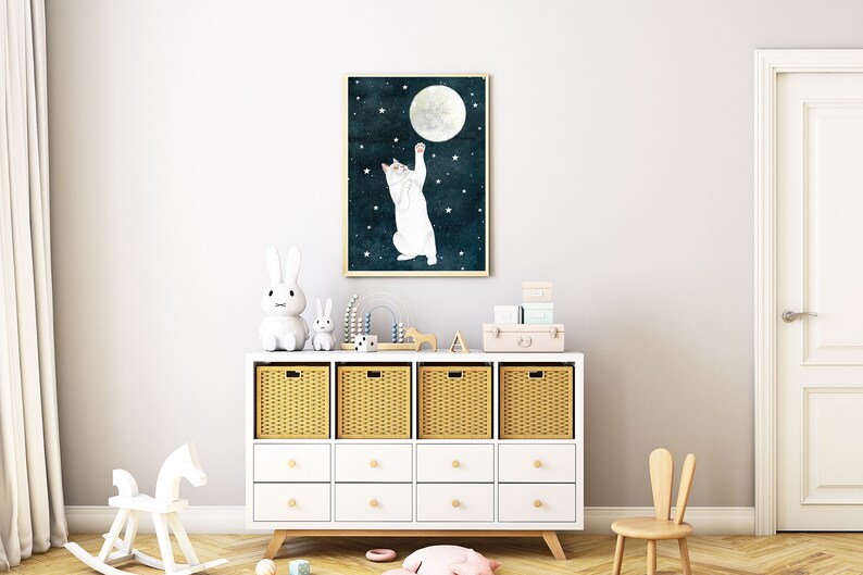 Cat and moon print, White cat painting, Kitten wall art, Animal illustration, Pet portrait, Moon artwork, Celestial wall decor, Kids poster image 7