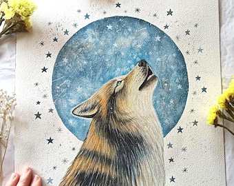 Original Wolf Watercolor Painting, Wolf and Moon Wall Art, Mystical Animal Illustration, Celestial Hand Painted Home Decor