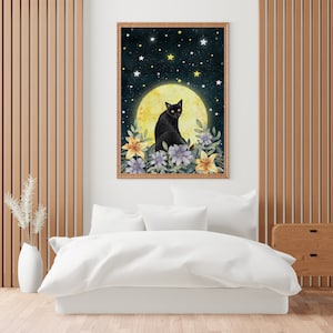 Black cat wall art, Mystic art print, Kitten illustration, Cat themed gifts, Magic painting, Pet portrait, Moon artwork, Fantasy prints image 7