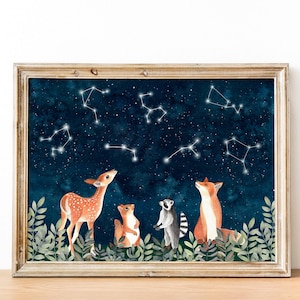 Forest baby illustrations, Woodland nursery decor, Animal drawing, Celestial wall art, Night sky print, Constellation poster, Kids room