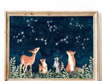 Forest baby illustrations, Woodland nursery decor, Animal drawing, Celestial wall art, Night sky print, Constellation poster, Kids room