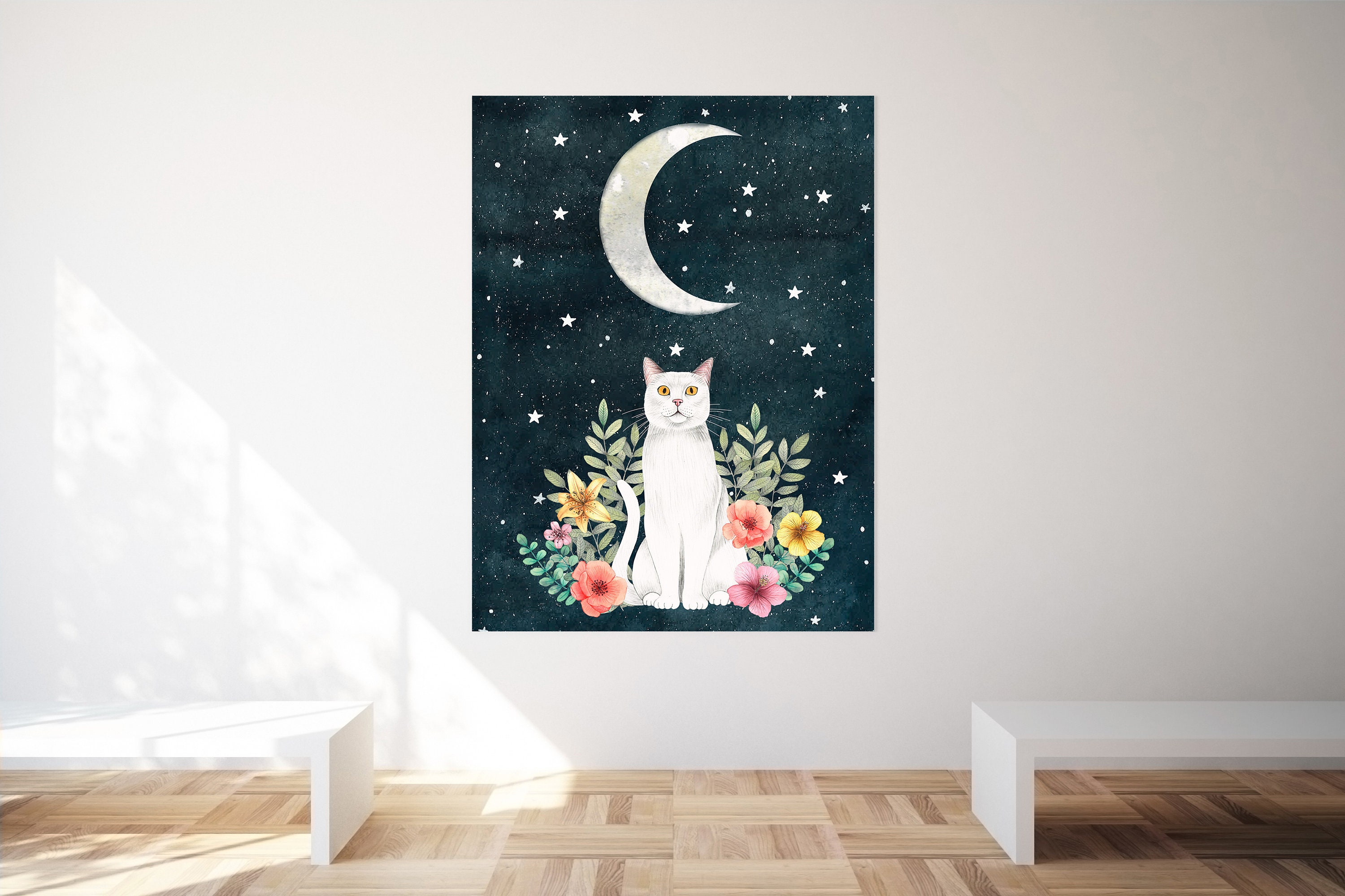 白猫の月アートプリント：天空の子猫の絵画、子供部屋の装飾 - Etsy 日本