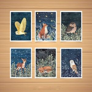 Christmas Card Pack, Set 12 holiday cards, Forest animals greeting cards, Winter illustration, Woodland art print, Fox artwork, Owl painting image 8