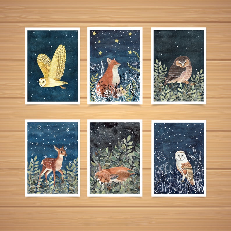 Christmas Card Pack, Set 12 holiday cards, Forest animals greeting cards, Winter illustration, Woodland art print, Fox artwork, Owl painting image 8