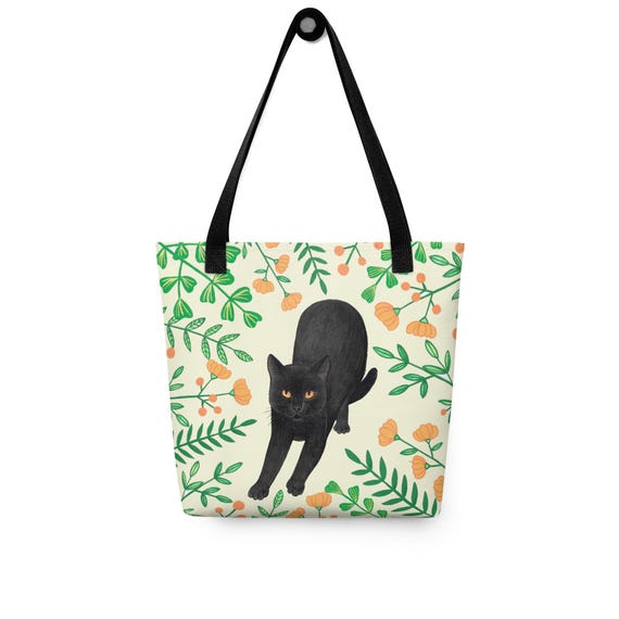 Sac En Toile De Coton Avec Motif Chat Et Fleurs - Fourre-tout écologique, 33x39 Cm, Léger, Pliable - Cadeau Amoureux Des Chats