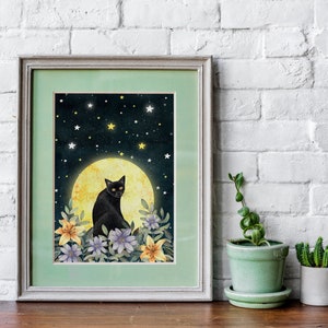 Black cat wall art, Mystic art print, Kitten illustration, Cat themed gifts, Magic painting, Pet portrait, Moon artwork, Fantasy prints image 10
