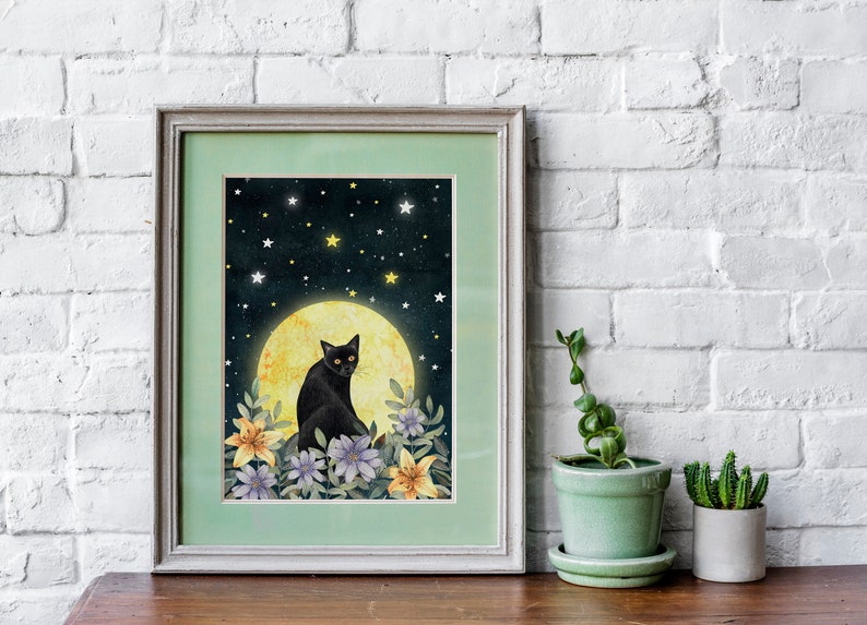 Black cat wall art, Mystic art print, Kitten illustration, Cat themed gifts, Magic painting, Pet portrait, Moon artwork, Fantasy prints image 10