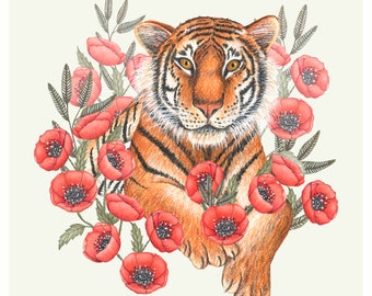 Tiger with Flowers Art Print, Jungle Painting, Animal Poster