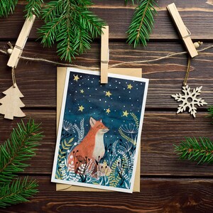 Christmas Cards Pack of 10, Set greeting card, Hare cards, Night sky painting, Fox illustration, Holiday card, Moon and stars artwork image 3