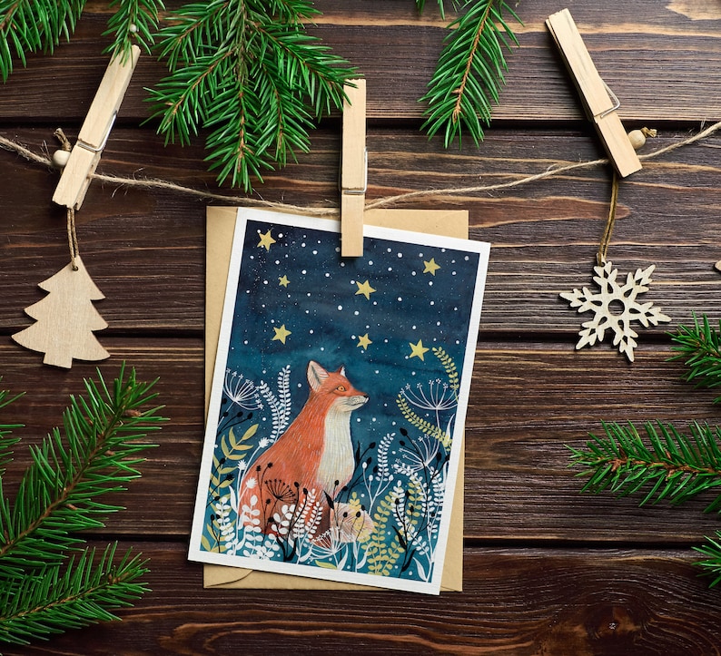 Christmas Cards Pack of 10, Set greeting card, Hare cards, Night sky painting, Fox illustration, Holiday card, Moon and stars artwork image 3