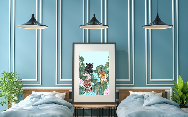 May include: A framed print featuring three tigers in a jungle setting. The tigers are a black panther, a Bengal tiger, and a jaguar. The tigers are surrounded by lush green foliage and pink flowers.