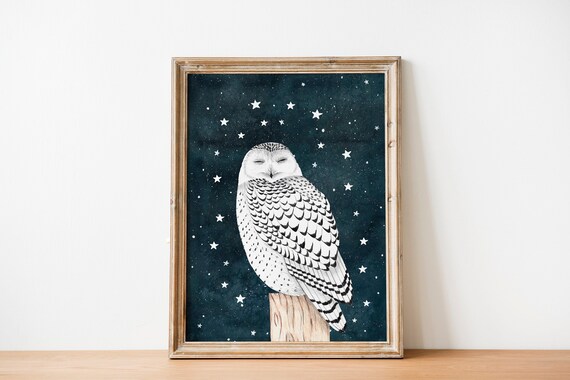Barn Owl Art Print: Night Sky Poster, Forest Animals, Woodland Nursery