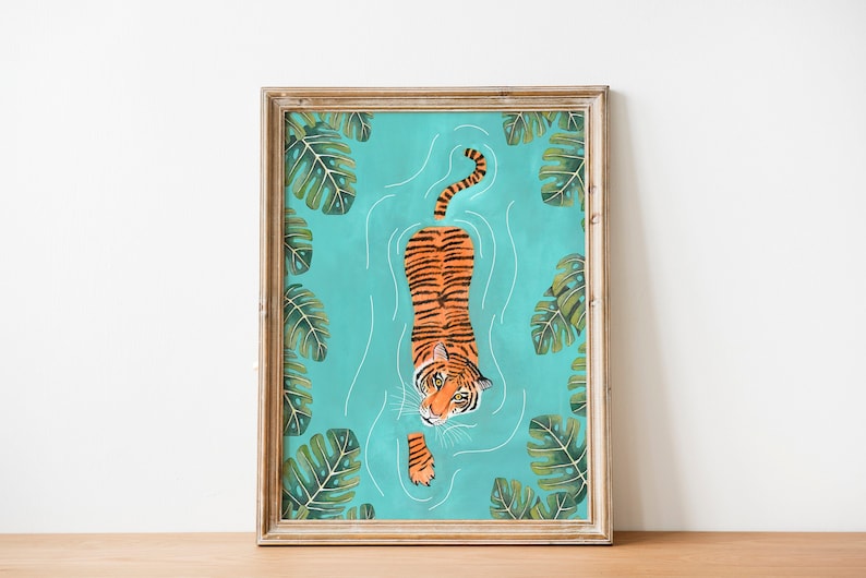 Tiger art print, Jungle illustration, Animal wall art, Safari animals, Tigers poster, Tropical wall decor, Jungle painting, Tiger swimming image 1