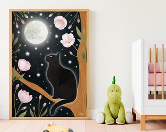 黒猫と月のアートプリント：子猫のイラスト、猫好きへのギフト、ペット