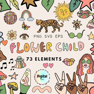 Hippie Psychedelic Clipart Set, 70er Retro Cliparts, Flower Power funky Illustrationen, PNG Vektor Dateien, kommerzielle Nutzung