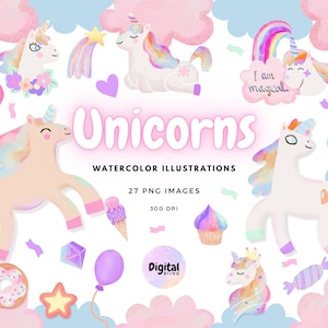 Watercolor Unicorn Clipart - Unicorn PNG Lindo Planificador Pastel Pegatinas, Fiesta de Cumpleaños, Globos, Donut, Helado, Dulces, Nubes, Diamante
