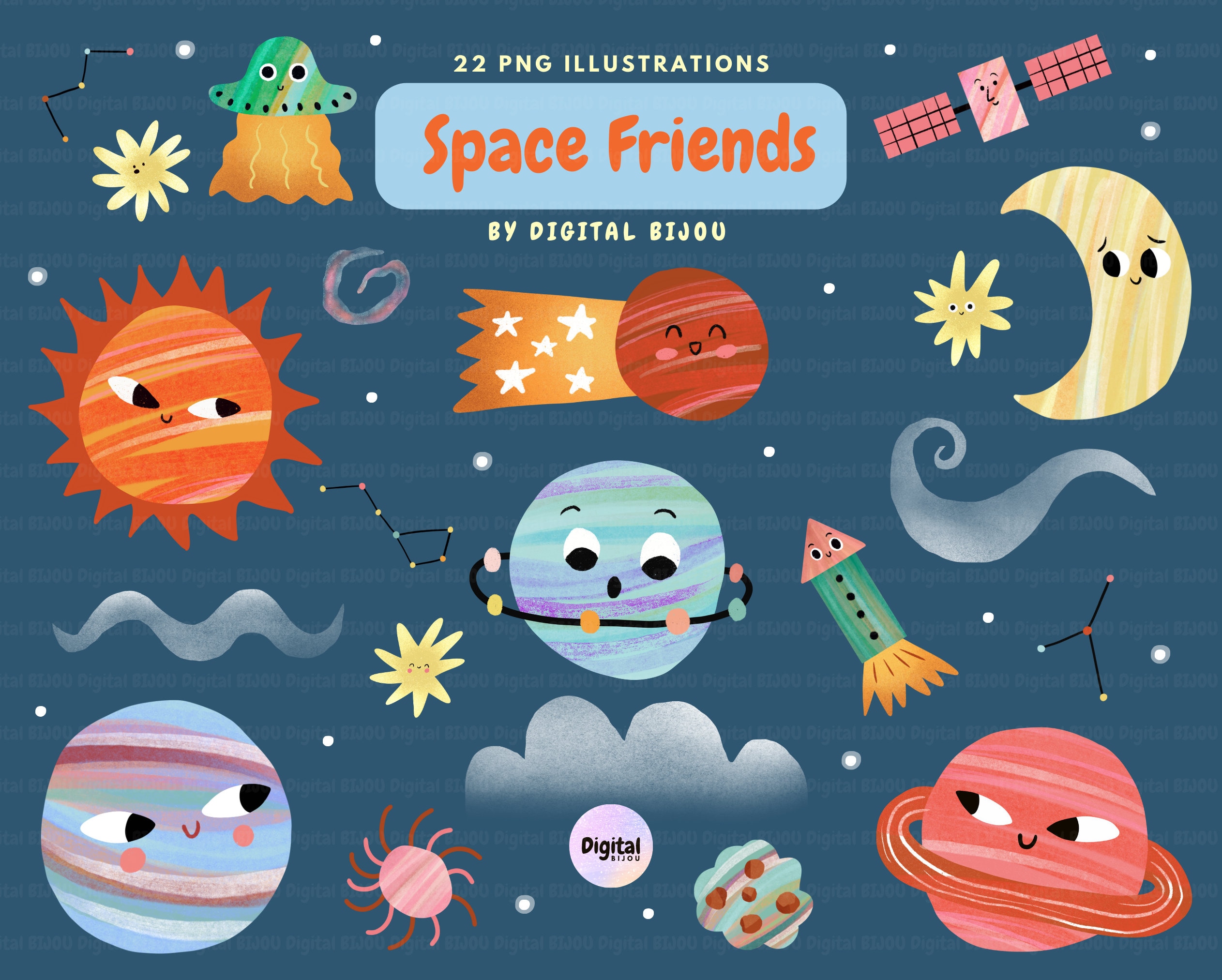 Space Clipart- Cute Planets Clip Art, Kawaii Planets Clipart, Happy
