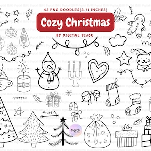 May include: A set of 43 black and white Christmas-themed illustrations, including a snowman, a gingerbread man, a cat, a stocking, a candle, a heart, a candy cane, a Christmas tree, a present, a house, and a wreath. The illustrations are in a doodle style and are perfect for use in digital projects.