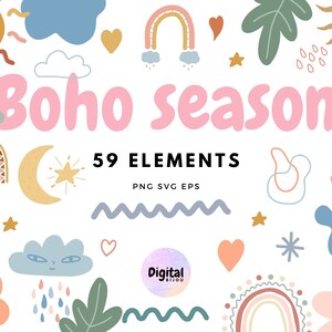 Puede incluir: Un conjunto de 59 ilustraciones digitales de temática boho con arcoíris, nubes, estrellas, lunas, corazones, hojas y flores en una variedad de colores. Las ilustraciones son perfectas para crear diseños digitales, scrapbooking y otros proyectos creativos.