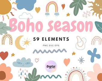 Boho Elements Clipart - boho rainbow, cute nursery baby PNG & vector files, celestial floral graphics for t shirt design, sun moon cloud