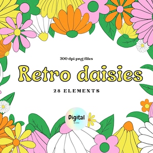 Retro Daisy Clipart, 70s Clipart, Flower Power Hippie Clipart, Groovy Clipart, Retro Sublimation Designs, Funky Daisies png