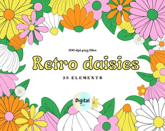 レトロなデイジー クリップアート、70 年代のクリップアート、フラワー パワー ヒッピー クリップアート、グルーヴィーなクリップアート、レトロな昇華デザイン、ファンキーなデイジー png
