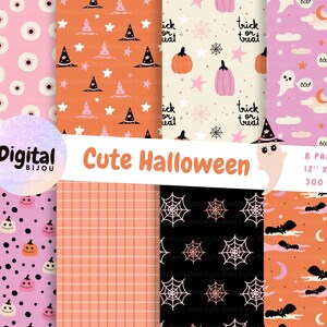 May include: Eight digital paper designs featuring cute Halloween themes. The designs include orange and pink pumpkins, ghosts, eyeballs, stars, spiderwebs, and the text "trick or treat".