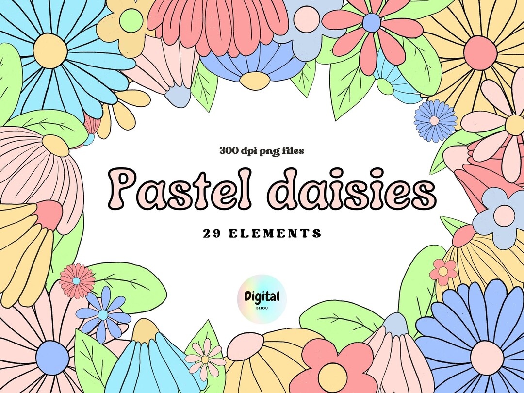Retro Daisies Clipart, 70's Clipart, Pastel Flowers Clipart, Groovy ...