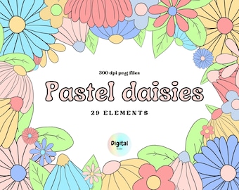 Retro Daisies Clipart, 70's Clipart, Pastel Flowers Clipart, Groovy Clipart, Retro Sublimation Designs, Funky daisy png, hippie flowers