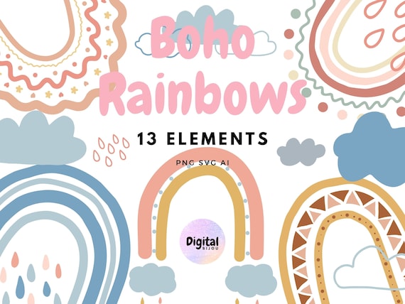 Boho Rainbow Clipart Set Cute Rainbow SVG PNG Vector - Etsy