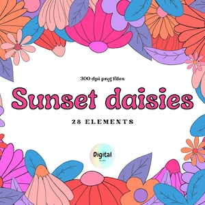 Retro Daisies Clipart, 70&#39;s Clipart, Retro Flowers Clipart, Groovy Clipart, Retro Sublimation Designs, Funky Daisies png, hippie flowers