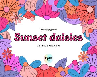 レトロなデイジーのクリップアート、70 年代のクリップアート、レトロな花のクリップアート、グルーヴィーなクリップアート、レトロな昇華デザイン、ファンキーなデイジーの png、ヒッピーの花