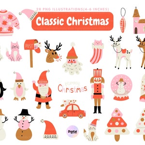 Christmas Clipart- Holiday digital printable clipart, Festive illustrations snowman, reindeer, snowglobe, santa, stocking,christmas tree