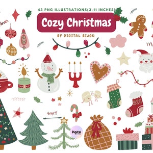 Cozy Christmas Clipart- Festive illustrations, printable digital clipart set - stocking, tree, gift - Personal & Commercial use, PNG