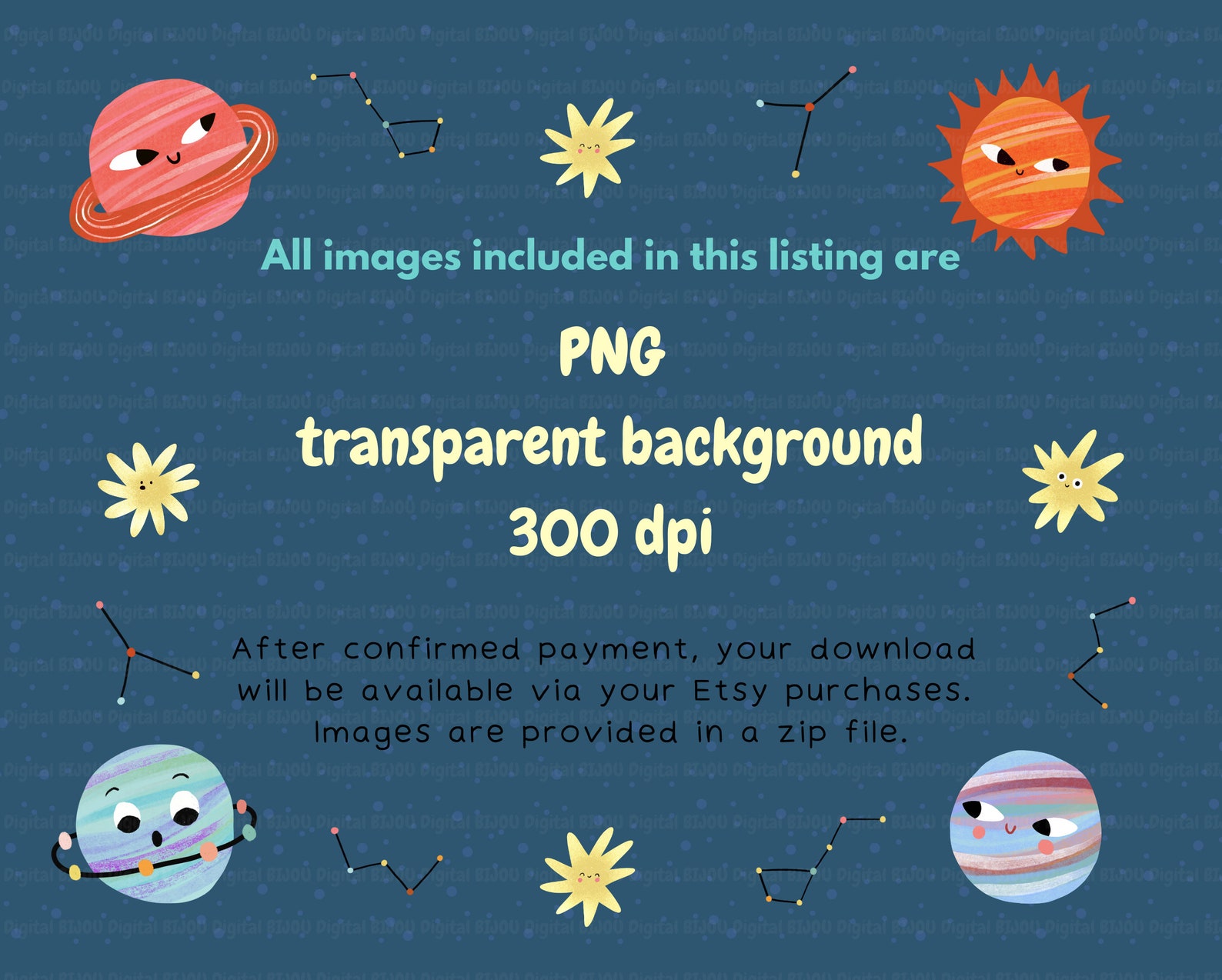 Space Clipart- Cute Planets Clip Art, Kawaii Planets Clipart, Happy