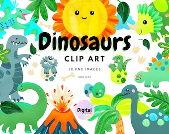 May include: A set of 20 colorful cartoon dinosaur clip art images, including a green dinosaur hatching from an egg, a blue dinosaur with a long neck, a green dinosaur with spikes, a green triceratops, a blue pterodactyl, a yellow sun, a green palm tree, and a volcano.