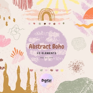 Boho Clipart, Abstract Boho elements, Modern Boho Collage, Abstract Shapes, brush strokes, Grainy texture, doodles, commercial use