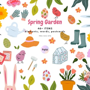 Frühlingsgarten Clipart Set - Ostern Clipart, Garten wörter, Garten Vektor Elemente, svg, png, eps, Osterei, Gewächshaus, Wildblumen