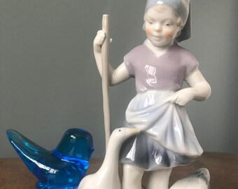 East Germany (Kunstporzellan Ilmenau GDR) Girl with 2 Geese Figurine