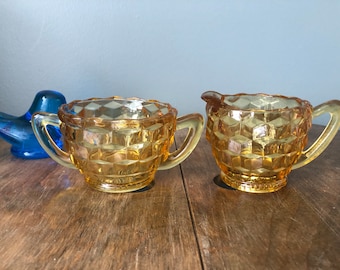 Amber Jeannette Cubist Creamer and Sugar set depression glass