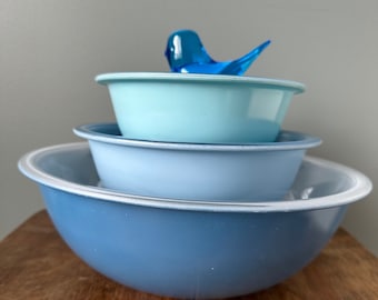 Blue Rainbow Pyrex Clear Bottom Mixing Bowls #322, #323 & #326