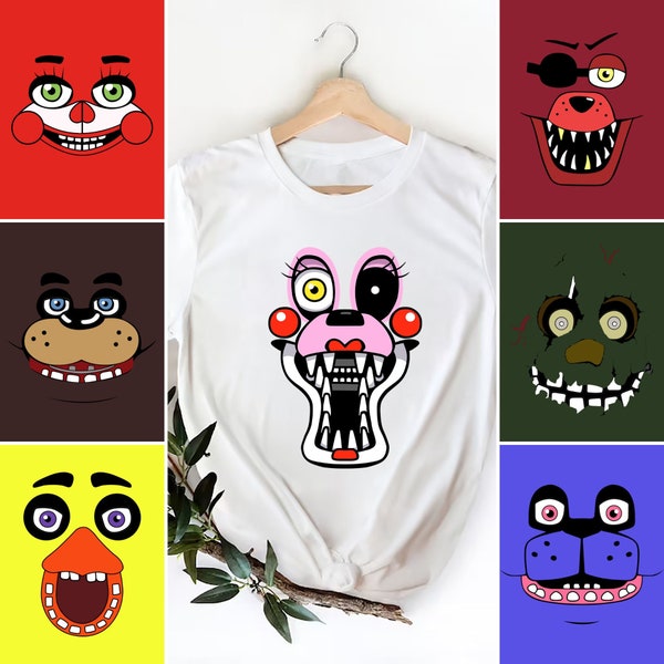 Five Nights at Freddy Face Characters Group Shirt, Freddy, Glamrock Chica, Vanny, Nightmare Animatronics, Halloween Costumes