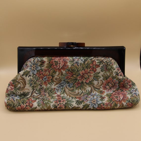 1970s vintage floral tapestry clutch bag. Tortois… - image 1