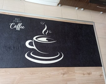 Alfombra de cocina decorativa lavable antideslizante - Alfombra de cocina con patrón de café