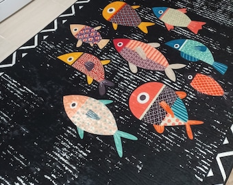 Alfombra antideslizante lavable para cocina con diseño de pescado